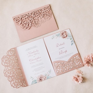 Roses Invitation Svg template, Rose pocket tri fold, flowers wedding Invitation files for Cricut, lasercut, papercut, Cameo (svg dxf ai cdr)