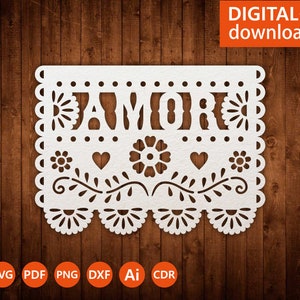 Svg Papel Picado Cricut, Mexican flag Amor template, Mexican Decor, Fiesta party, file for papercut, lasercut, Cameo svg dxf ai png cdr