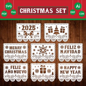 Pacchetto SVG Christmas papel picado, modelli feliz navidad 2025, file di taglio messicano per Cricut, papercut, taglio laser, Cameo (svg dxf ai png cdr)