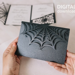 ハロウィーンの結婚式招待状テンプレート、ハロウィーン カード SVG、Cricut、レーザー カット、ペーパーカット、Cameo 用のポケット招待状 5x7 (svg dxf ai cdr)