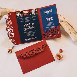 Roses wedding Invitation Svg template, Rose pocket tri fold, flowers Invitation files for Cricut, lasercut, papercut, Cameo (svg dxf ai cdr)