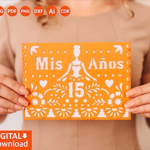 Svg Mis quinse 15 uitnodigingssjabloon Cricut, Quinceañera SVG uitnodigen, Mis Anos, 15e, bestand voor papercut, lasercut, cameo svg dxf ai png cdr
