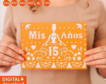 Svg Mis quinse 15 invitation template Cricut, Quinceañera SVG invite, Mis Anos, 15th, file for papercut, lasercut, Cameo svg dxf ai png cdr