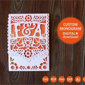 Svg Mexico wedding invitation template with Custom monogram, Fiesta party, Papel Picado invite file for Cricut lasercut Cameo svg dxf ai png