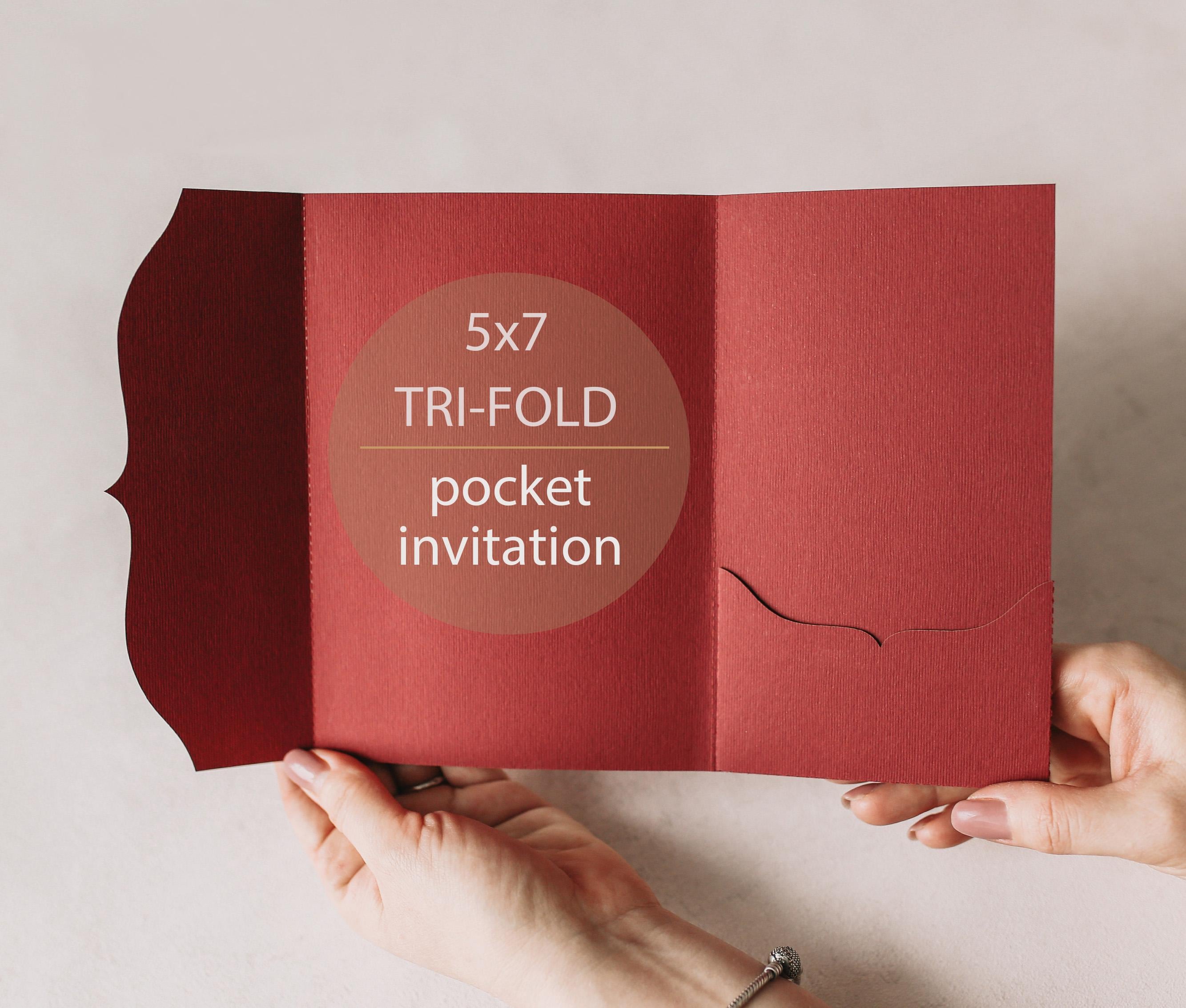 Tri-fold SVG Pocket Invitation template, classic pocket envelope 5x7, pocket folder Invite for Cricut, lasercut, papercut (svg dxf ai cdr)