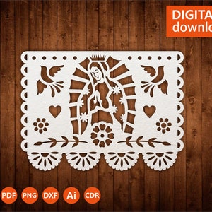 Papel picado Lady of Guadalupe sjabloon, Maagd Maria, Moeder Maria Svg, Maagd van Mexico vlieg voor Cricut, lasercut, cameo svg dxf ai png cdr