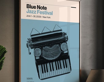 Blue Note Jazz Festival | Jazz Poster | New York Jazz | Blue Art Print | Typewriter Piano | Wall Art Decor | Home Decor
