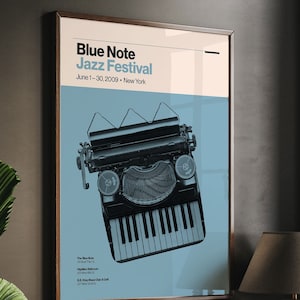 Festival de jazz Blue Note / Póster de jazz / Jazz de Nueva York / Impresión artística azul / Piano de máquina de escribir / Decoración de pared / Decoración del hogar