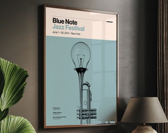 Framed Poster Blue Note Jazz Festival | Jazz Poster | New York Jazz | Dark Wood Frame | Art Print | Wall Art Decor | 70x100 cm | Blue