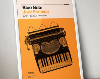 Blue Note Jazz Festival | Jazz Poster | New York Jazz | Orange Art Print | Typewriter Piano | Wall Art Decor | Home Decor
