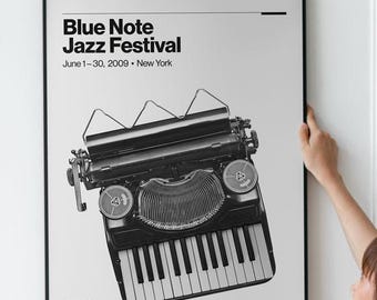 Blue Note Jazz Festival | Jazz Poster | New York Jazz | Black and White Art Print | Typewriter Piano | Wall Art Decor | Home Decor