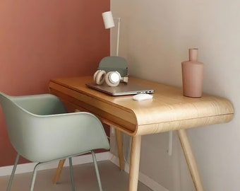 Houten bureau, essen of walnoot, met laden, vintage stijl, voor thuiswerken, voor computer, Designer thuiskantoor
