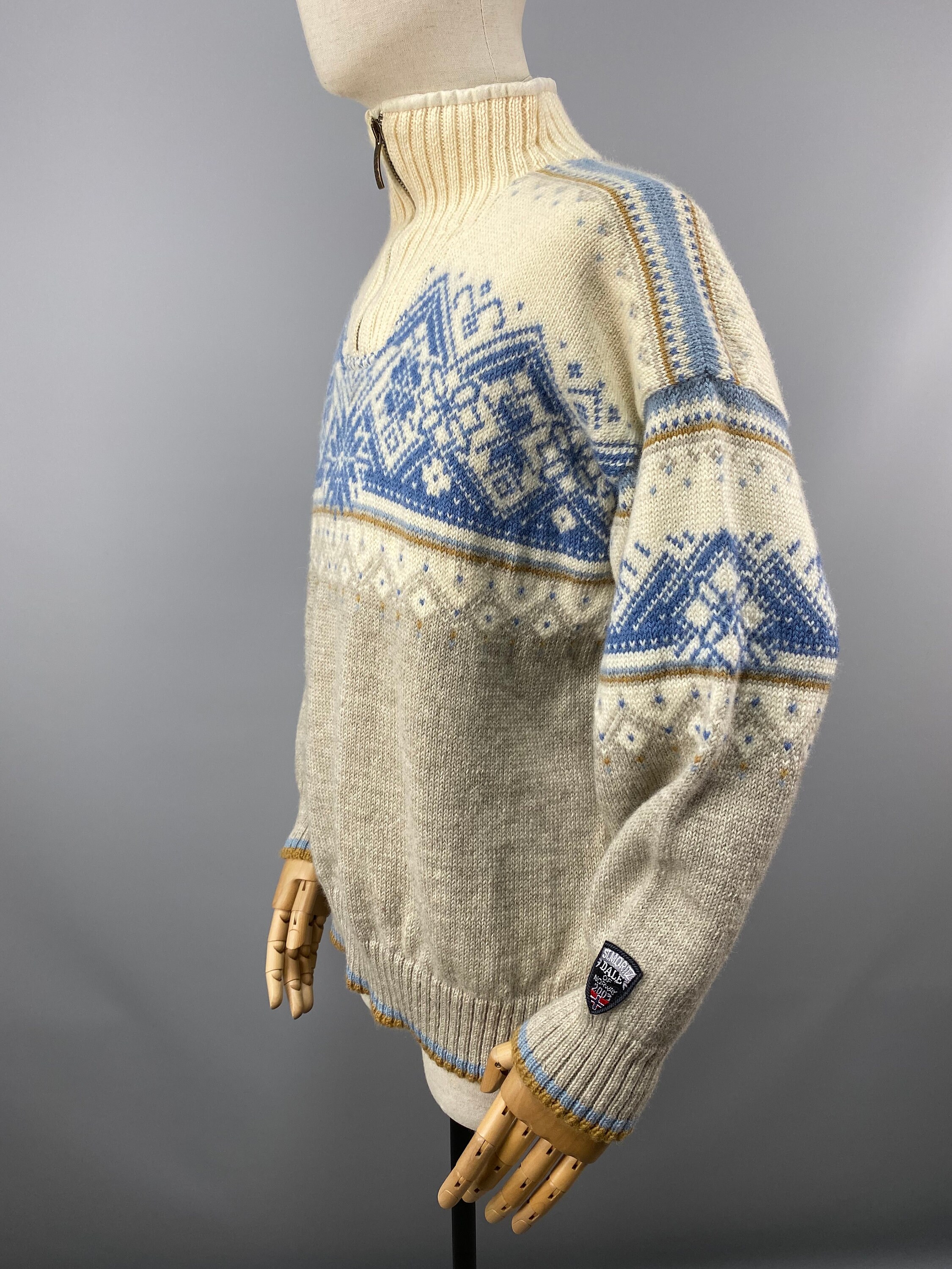Dale of NORWAY St. Moritz 2003 Gray Wool Fair Isle 1/4 Zip Knit