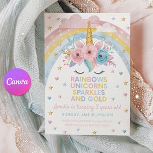 Unicorn Birthday Invitation, Unicorn Invitation, Rainbow Unicorn Birthday Invite, Pastel Unicorn Invitation Printable 3rd 4th 5th 6th 7th