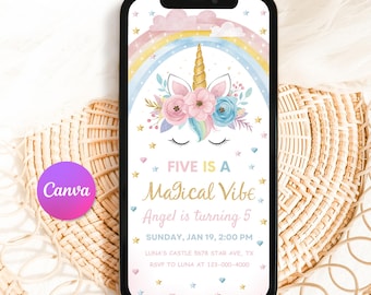 Unicorn Electronic Invitation Unicorn Birthday Invitation Digital Rainbow Mobile Invitation Evite Phone Invite Girl Party EDITABLE