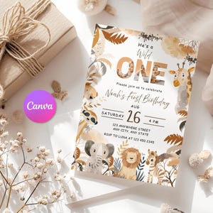 Editable Wild One Boy Birthday Invitation Safari Animal Birthday Invitation 1st Birthday Invite with Photo Boho First Birthday Jungle 1 st