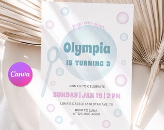 Bubble Birthday Invitation, Third Birthday Invite Bubbles, Pastel 3 Year Old Girl Birthday Invite, Girls Birthday Invitation Bubbles