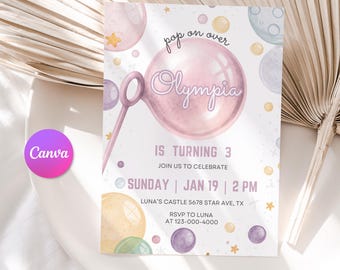 Bubble Birthday Invitation, Third Birthday Invite Bubbles, Pastel 3 Year Old Girl Birthday Invite, Girls Birthday Invitation Bubbles