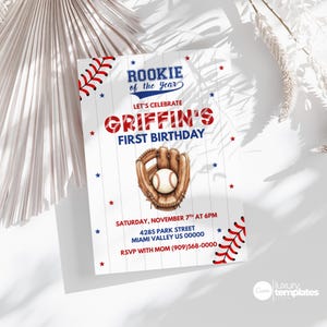 Baseball First Birthday Invitation, Rookie of the Year Invite, Baseball Birthday Party, Boy Birthday Invite, Editable Template, R2