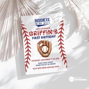 Baseball First Birthday Invitation, Rookie of the Year Invite, Baseball Birthday Party, Boy Birthday Invite, Editable Template, R2