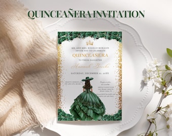 Editable Sage Green Gold Floral Butterfly Princess Quinceanera Invitations Canva Template, Moss Green Gold Quince Invite Digital Card QB0032