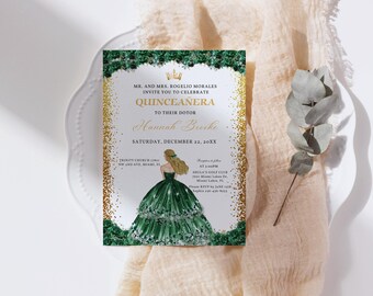 Editable Sage Green Gold Floral Butterfly Princess Quinceanera Invitations Canva Template, Moss Green Gold Quince Invite Digital Card QB0032
