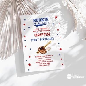 Baseball First Birthday Invitation, Rookie of the Year Invite, Baseball Birthday Party, Boy Birthday Invite, Editable Template, R2