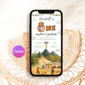 One Happy Camper First Birthday Digital Invitation Template, Camping Birthday, First Birthday, Happy Camper, Happy Camper Invite