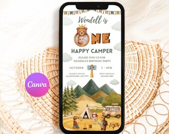 One Happy Camper First Birthday Digital Invitation Template, Camping Birthday, First Birthday, Happy Camper, Happy Camper Invite