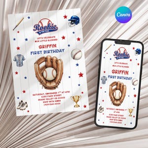 Baseball First Birthday Invitation, Rookie of the Year Invite, Baseball Birthday Party, Boy Birthday Invite, Editable Template, R2, Canva
