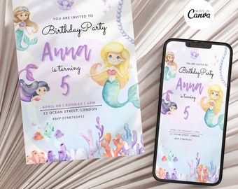 Editable Mermaid Birthday Invitation, Mermaid Invite, Under the Sea Birthday Party, Printable template Digital Instant Download M1