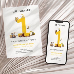 Convite digital de aniversário de construção moderna, convite móvel para festa de caminhões basculantes EDITÁVEL, mensagem de texto de aniversário ao ar livre, escavadeira, KP189