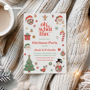 Christmas Party Invitation Kids Holiday Santa Hat Oh What Fun Invite Christmas Birthday, Template Canva 2401G