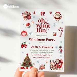 Christmas Party Invitation Kids Holiday Santa Hat Oh What Fun Invite Christmas Birthday, Template Canva 2401G
