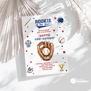 Baseball First Birthday Invitation, Rookie of the Year Invite, Baseball Birthday Party, Boy Birthday Invite, Editable Template, R2