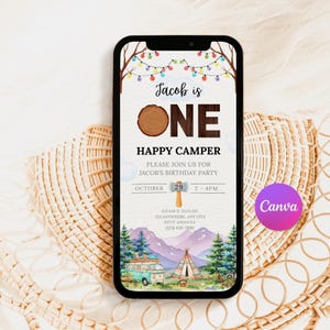 One Happy Camper First Birthday Digital Invitation Template, Camping Birthday, First Birthday, Happy Camper, Happy Camper Invite