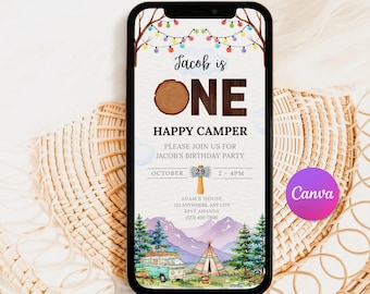 One Happy Camper First Birthday Digital Invitation Template, Camping Birthday, First Birthday, Happy Camper, Happy Camper Invite