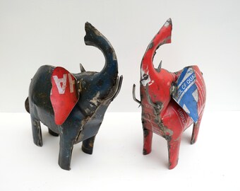 Handmade tin elephants, Made in India by a small company, recycled, art, decoration, unique, gift, brocnate, coastel, porch, reused