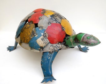 Large turtlle made of recycled tin cans, decoration piece, ooak, gift, porch, India, reused, handmade, unique, artist piece