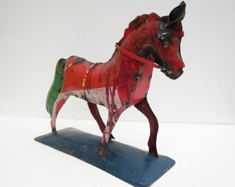 Handmade horse, decoration piece, recycled oil cans, art, unique, ooak, gift, red
