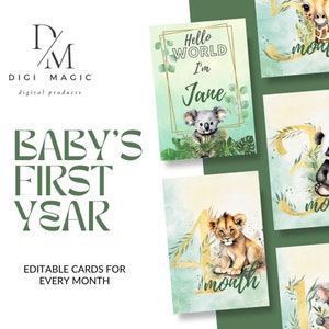 Cartes d’étape pour bébé, cartes d’étape mensuelles imprimables d’animaux de la jungle, cadeau de babyshower, ensemble de cartes de première année 1-12 mois, carte de nom, cadeau