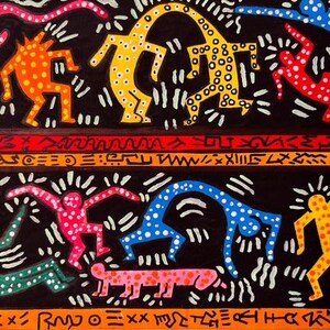 May include: Colorful artwork featuring stylized figures in various poses against a black background. The figures are in shades of pink, orange, yellow, red, and blue, with white accents. The artwork has a vibrant, energetic feel.