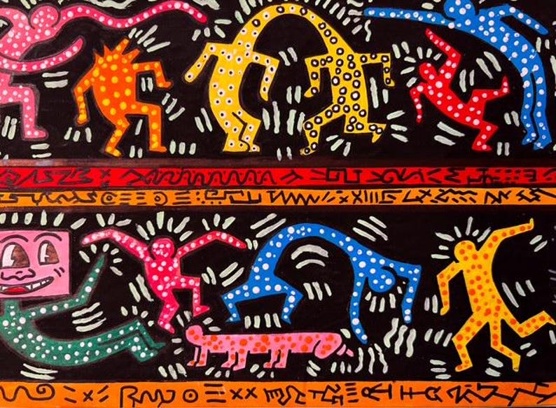 May include: Colorful artwork featuring stylized figures in various poses against a black background. The figures are in shades of pink, orange, yellow, red, and blue, with white accents. The artwork has a vibrant, energetic feel.