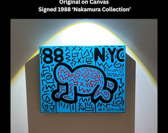 Keith Haring Original Pop Art: Signed Mixed Media Canvas, 1988
