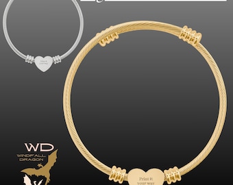 Engraved Heart Bangle Bracelet: Personalized Stainless Steel Cuff