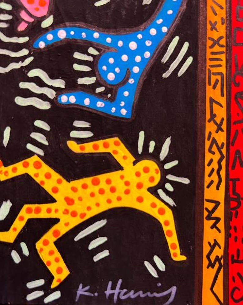 May include: Abstract artwork featuring figures in yellow and blue with red polka dots on a black background. The artwork includes white accents and a signature in the bottom right corner. The style is reminiscent of pop art.