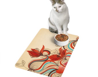 Retro Floral Pet Food Mat: Non-Slip Dog & Cat Feeding Mat