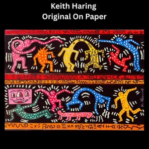 May include: A colorful artwork by Keith Haring, titled "Original On Paper." The image features stylized figures in various colors, including pink, orange, yellow, red, and blue, dancing against a black background. The artwork includes decorative borders and text.