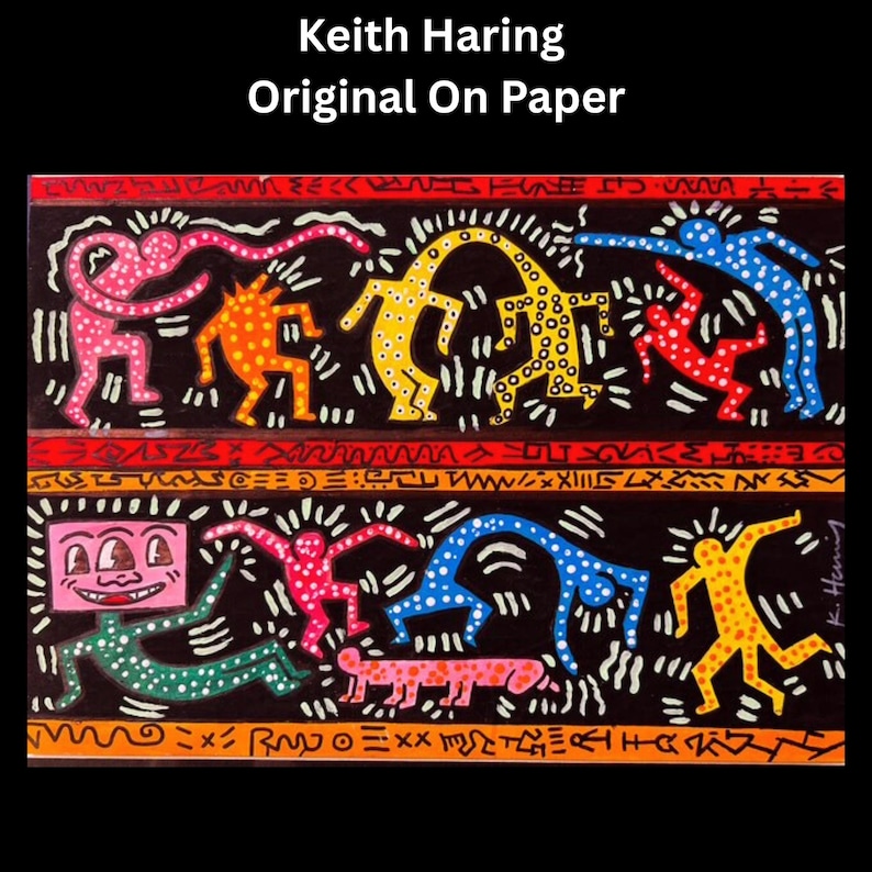 May include: A colorful artwork by Keith Haring, titled "Original On Paper." The image features stylized figures in various colors, including pink, orange, yellow, red, and blue, dancing against a black background. The artwork includes decorative borders and text.