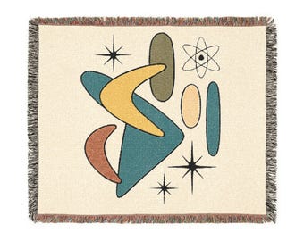 Mid-Century Modern Cotton Woven Throw Blanket, Atomic Starburst Design